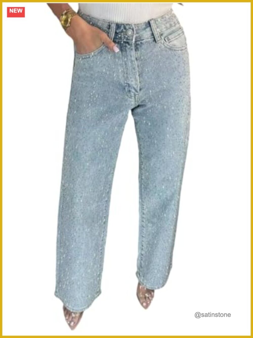 Straight Leg Rhinestone Boyfriend Jeans Sparkly Bling Denim Pants
